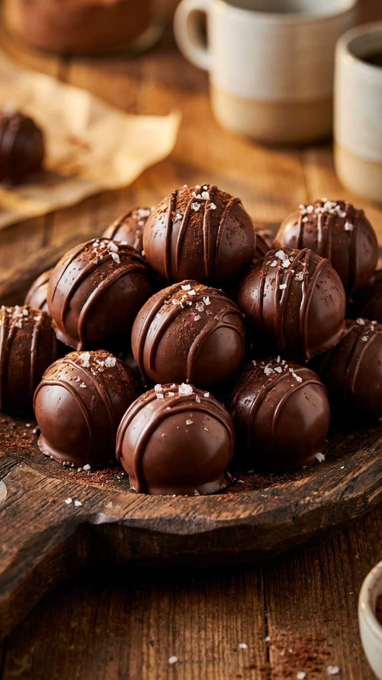 A stack of chocolate-dipped brownie bombs filled with cookie dough.