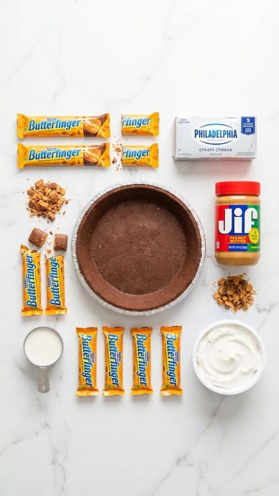 Flat lay of ingredients for Butterfinger pie including candy bars and cream cheese.