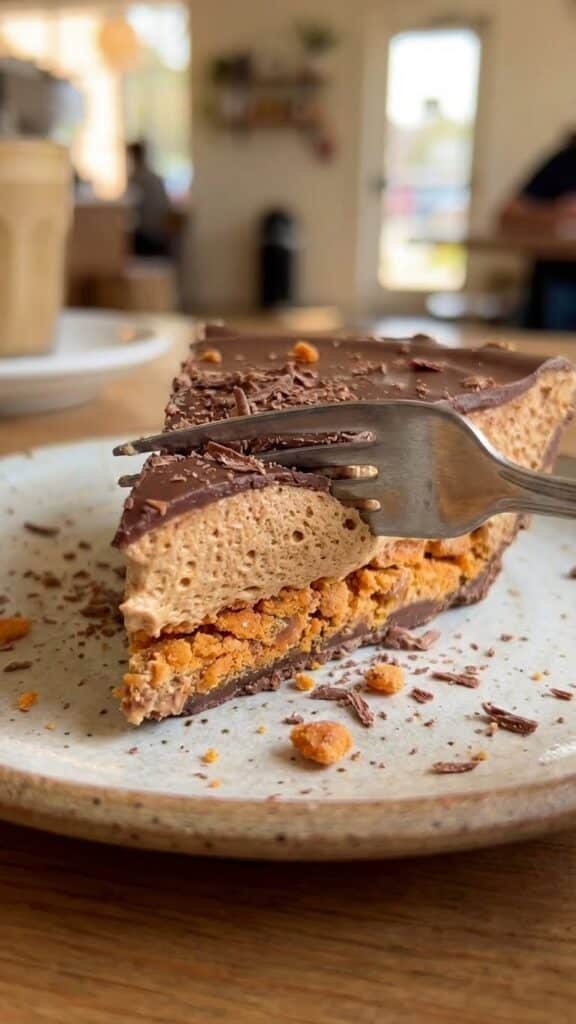 Close-up of a fork taking a bite of creamy Butterfinger pie.