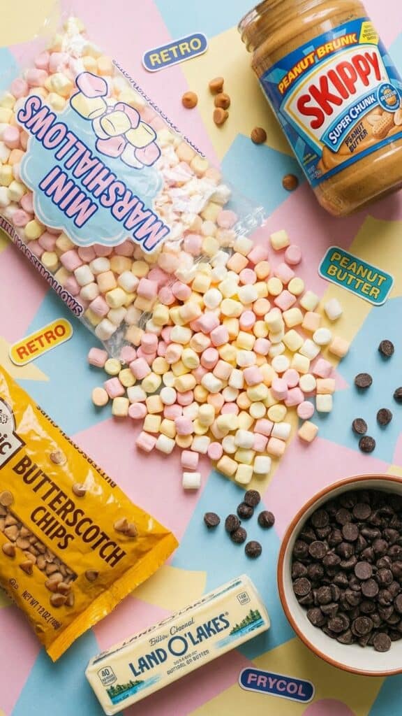 ngredients for butterscotch marshmallow bars including marshmallows, peanut butter, and butterscotch chips.