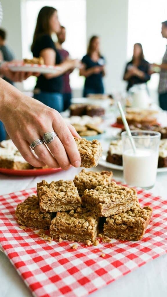 A stack of chocolate peanut butter marshmallow bars served on a checkered napkin.