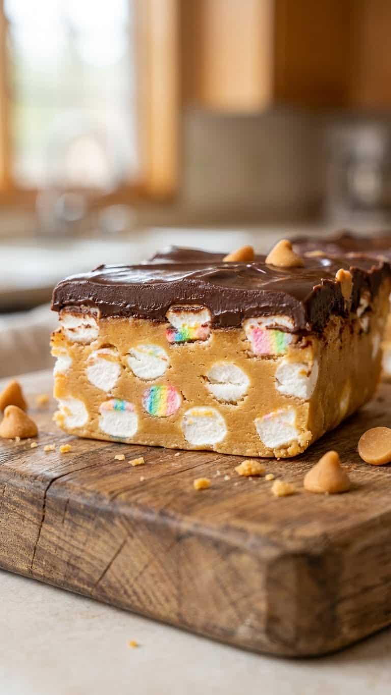 A cross-section of a no-bake bar showing marshmallows inside a peanut butter butterscotch base topped with chocolate.