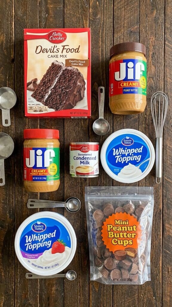 Flat lay of ingredients for peanut butter poke cake including condensed milk.
