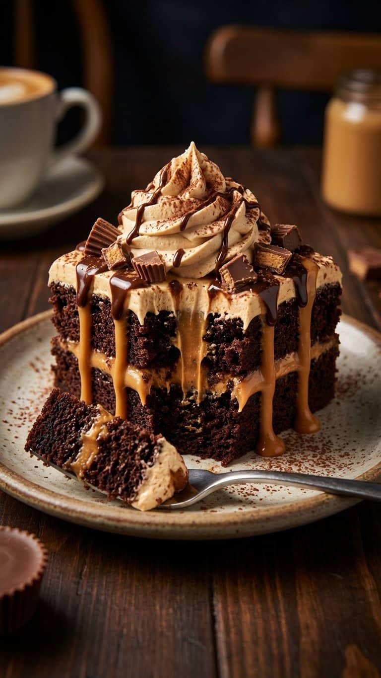 Slice of chocolate cake with peanut butter filling soaking into the holes.
