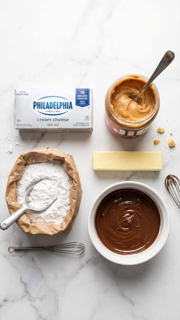 Flat lay of ingredients for peanut butter pinwheels including cream cheese and powdered sugar.