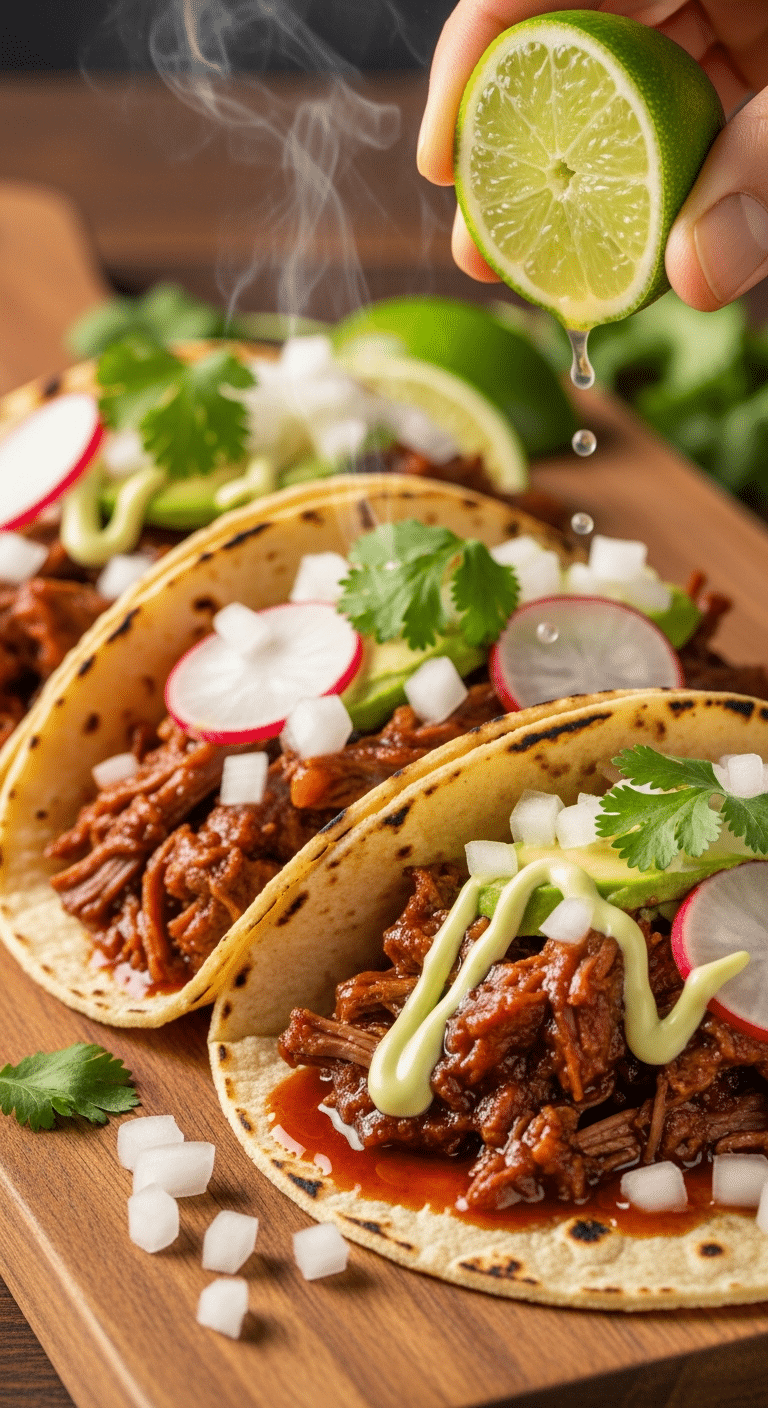 A close-up photograph of three juicy shredded beef tacos on corn tortillas, topped with onions, cilantro, and avocado cream, on a wooden board.