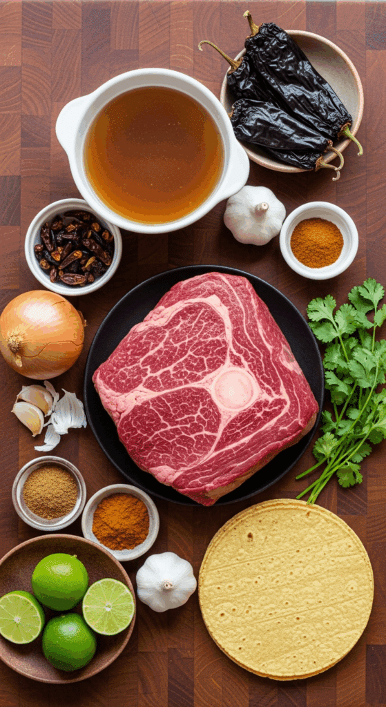 Overhead view of ingredients for beef tacos: a raw chuck roast, dried chilies, broth, onions, garlic, spices, tortillas, and limes on a wooden table.
