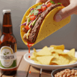 A hand holding a dripping, loaded beef chuck roast taco ready to be eaten at a casual outdoor table with side dishes in the background.