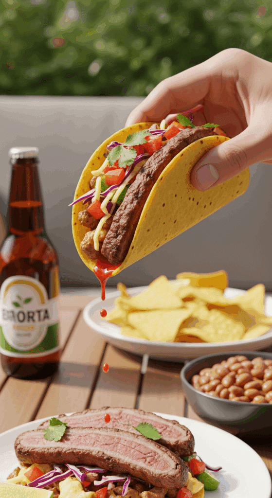 A hand holding a dripping, loaded beef chuck roast taco ready to be eaten at a casual outdoor table with side dishes in the background.