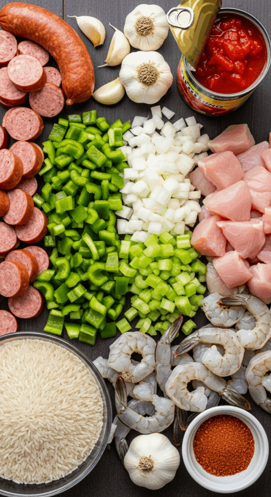 Raw ingredients for Jambalaya including peppers, onions, celery, sausage, chicken, shrimp, and rice.
