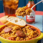 Plated Jambalaya in a bowl served with French bread and a bottle of hot sauce.