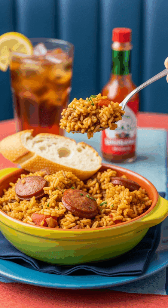 Plated Jambalaya in a bowl served with French bread and a bottle of hot sauce.