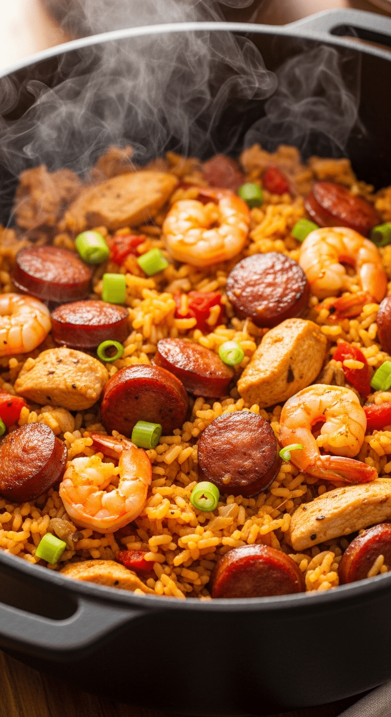 Close-up of a cast iron pot filled with Jambalaya featuring rice, sausage, chicken, shrimp, and green onions.