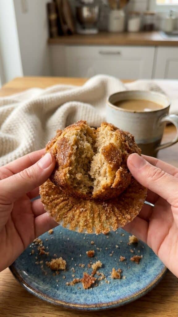A close-up of hands breaking open a warm cinnamon sugar muffin, showing steam rising and the sugary crust cracking.