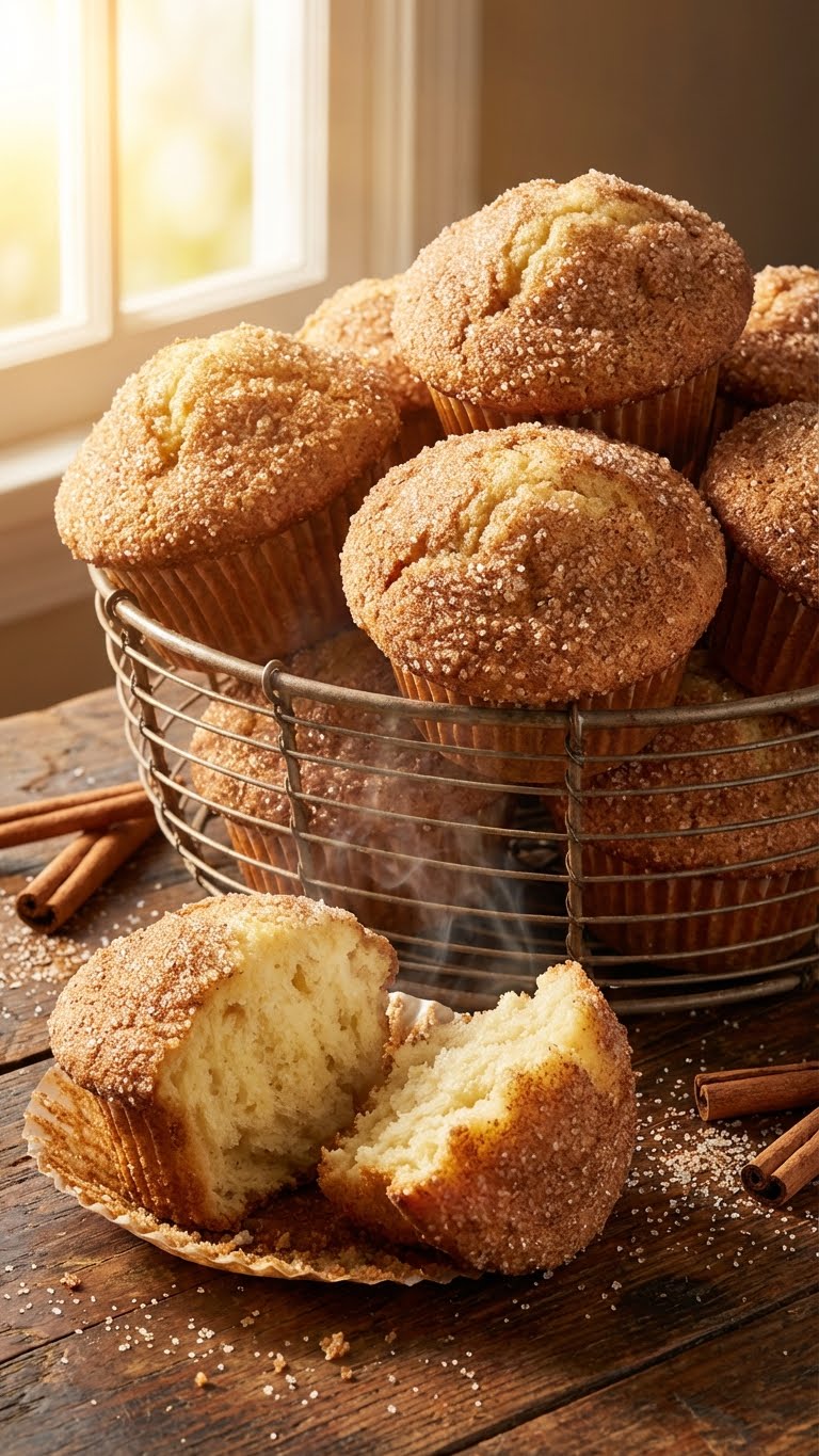 A basket of golden-brown muffins thickly coated in sparkling cinnamon sugar, with one broken open showing a fluffy interior on a rustic wooden table.