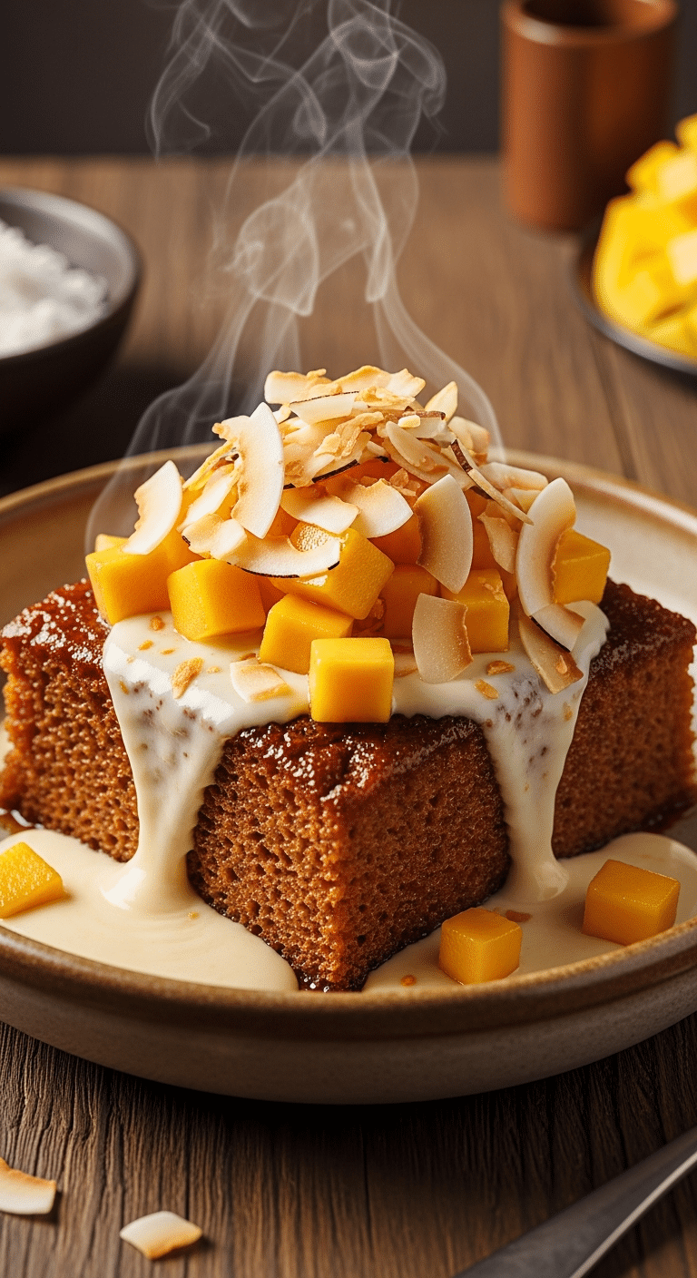 A close-up photograph of warm Coconut-Mango Malva Pudding in a bowl, soaked in creamy sauce and topped with toasted coconut and fresh mango chunks, with steam rising.