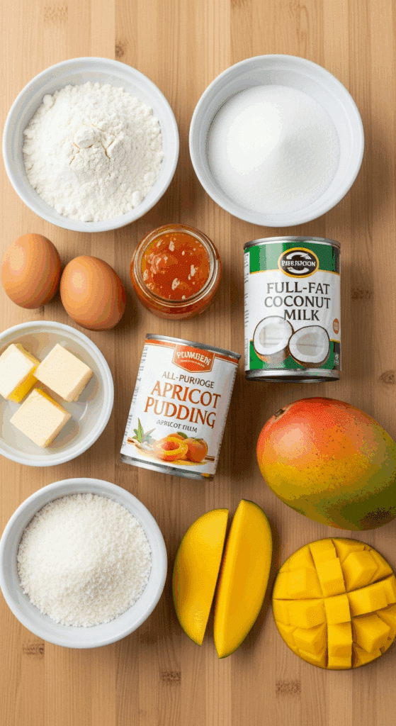 Overhead view of ingredients for coconut-mango Malva pudding: flour, sugar, butter, eggs, apricot jam, coconut milk, desiccated coconut, and fresh mangoes on a wooden board.