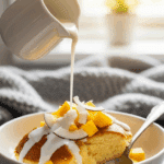 A bowl of warm Malva pudding with mango and coconut, with extra coconut cream sauce being poured over it from a jug in a cozy setting.