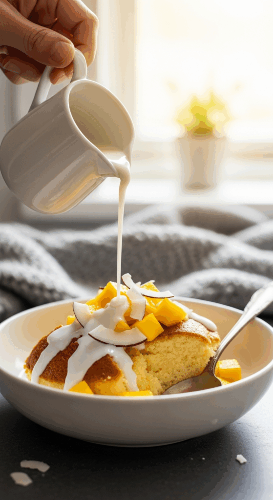 A bowl of warm Malva pudding with mango and coconut, with extra coconut cream sauce being poured over it from a jug in a cozy setting.
