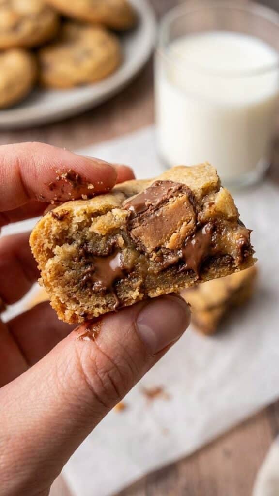 Close-up of a hand holding a chewy coconut toffee bar with a bite taken out.