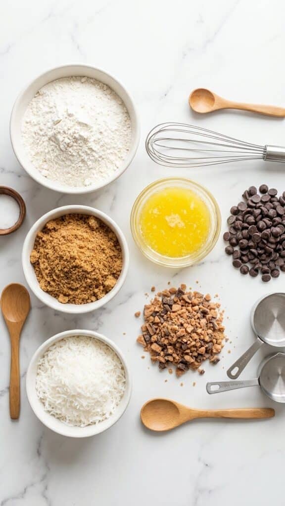 Flat lay of ingredients for cookie bars including coconut, toffee bits, and chocolate chips.