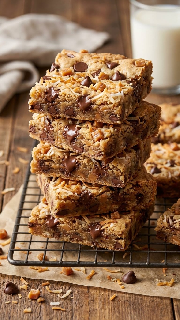 A stack of chewy coconut toffee chocolate chip cookie bars showing melted chocolate and toasted coconut.