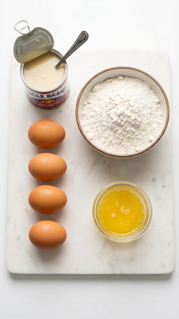 Flat lay of ingredients for condensed milk cake including the can.