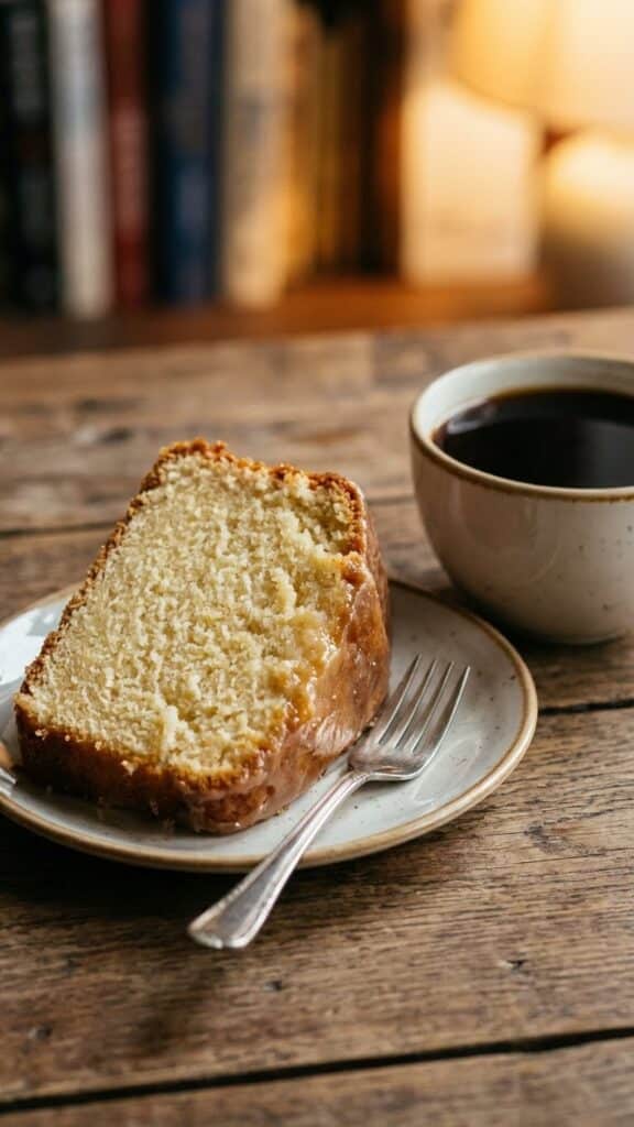 Close-up of a slice of milky pound cake next to coffee.
