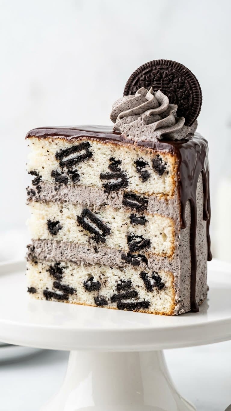 A slice of three-layer cookies and cream cake with oreo buttercream and chocolate drip.