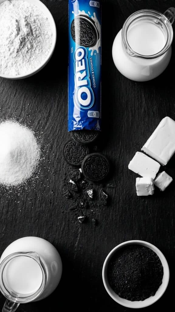 Ingredients for oreo cake including flour, sugar, butter, and crushed cookies.