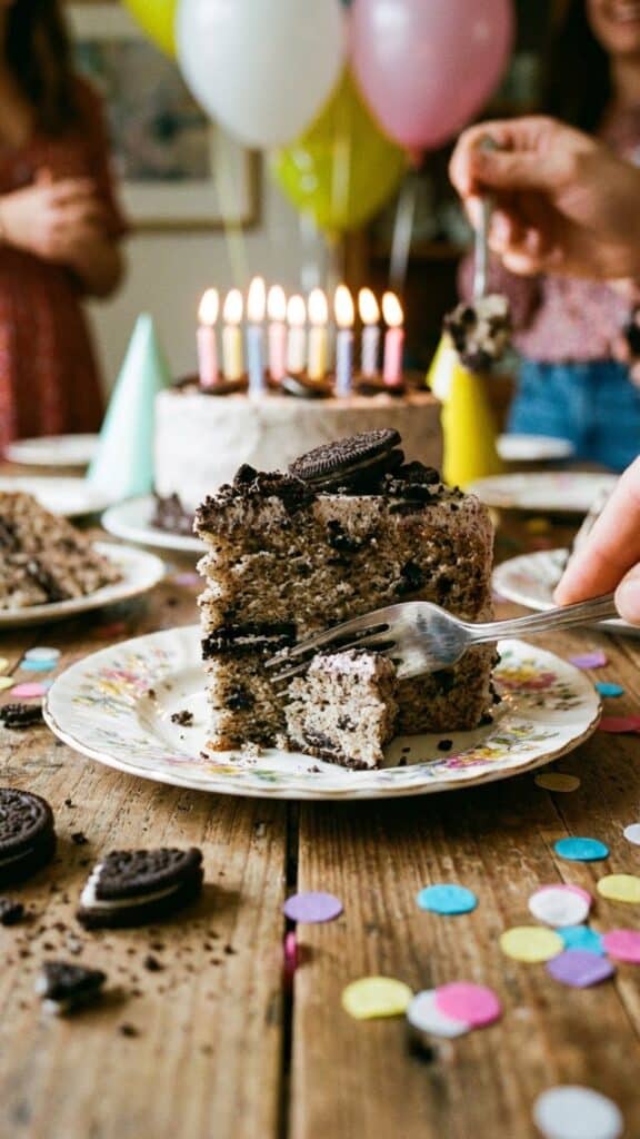 A slice of Oreo cake served at a birthday party with confetti and balloons.