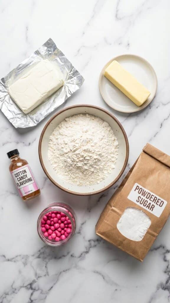 Ingredients for frosted cotton candy cookies including cake flour, cream cheese, and nerds candy.