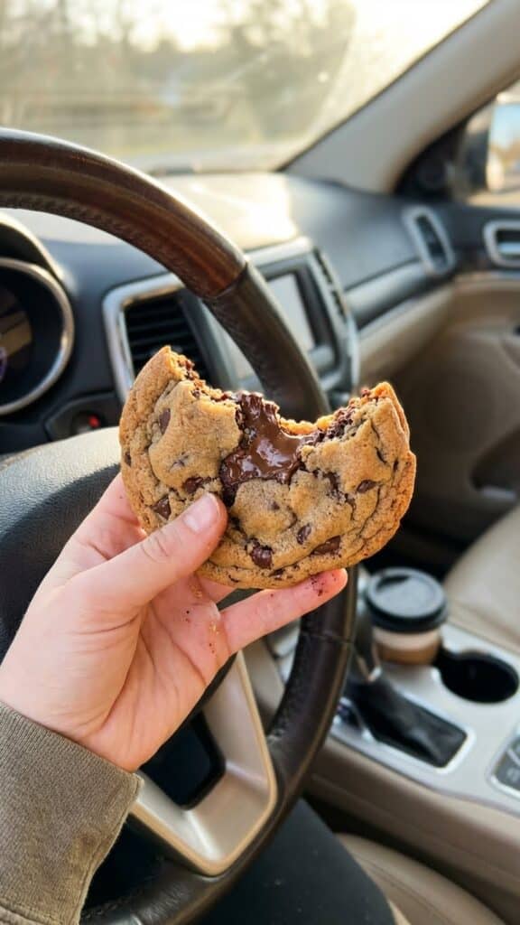 A hand holding a bitten frosted cotton candy cookie inside a car.