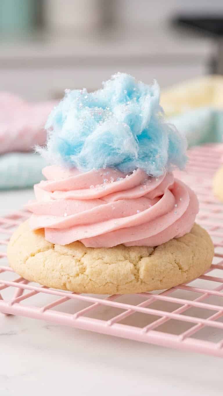 A thick chilled sugar cookie topped with pink frosting and real cotton candy.