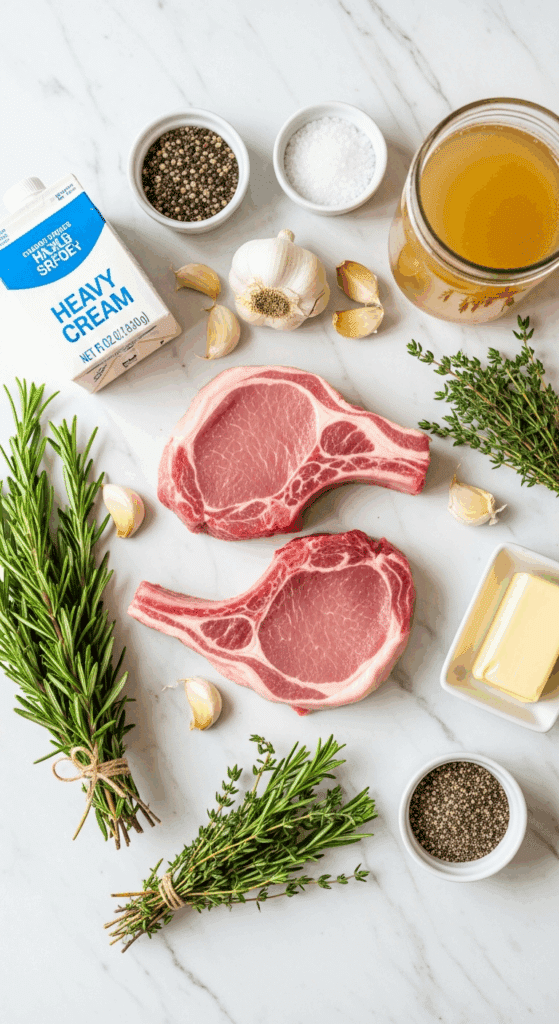 Raw ingredients for creamy pork chops including fresh pork, heavy cream, herbs, garlic, and butter laid out on a marble counter