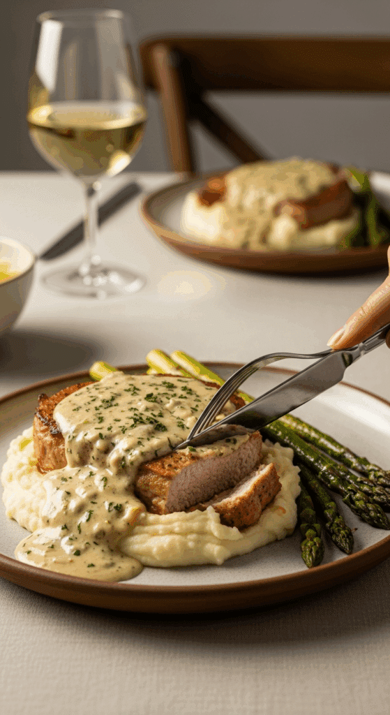 Plated Creamy Herbed Pork Chop served over mashed potatoes with asparagus at a dinner table.