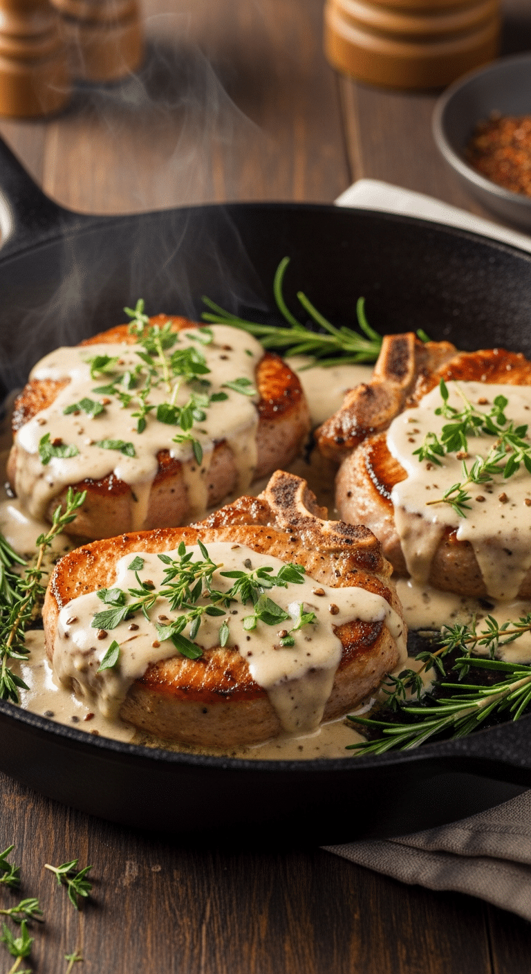 Close-up of golden-seared pork chops simmering in a rich, glossy cream sauce filled with fresh herbs in a cast iron skillet.