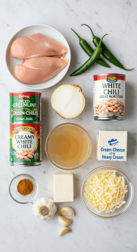 Overhead view of ingredients for creamy white chili: chicken, white beans, green chilies, onion, broth, cream cheese, and spices on a marble counter.
