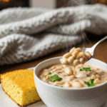 A bowl of creamy white chili served with cornbread on a table, with a spoon lifting a bite, set against a cozy fireplace background.