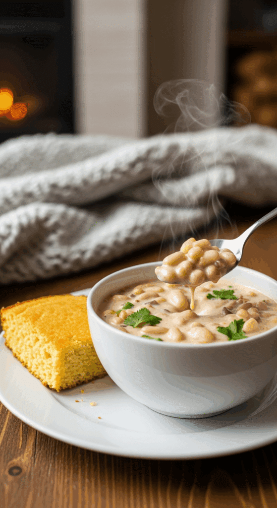 A bowl of creamy white chili served with cornbread on a table, with a spoon lifting a bite, set against a cozy fireplace background.