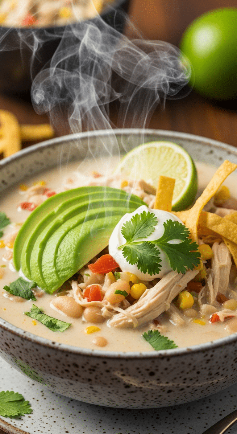 A close-up photograph of a bowl of creamy white chicken chili topped with avocado, cilantro, sour cream, and tortilla strips, with steam rising.