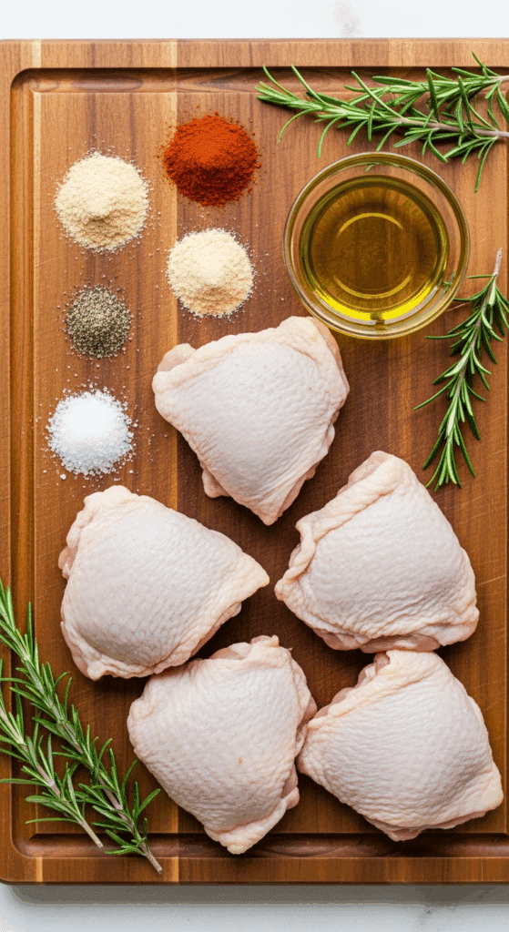 Raw ingredients for baked chicken including chicken thighs, olive oil, paprika, garlic powder, salt, and pepper on a wooden board.