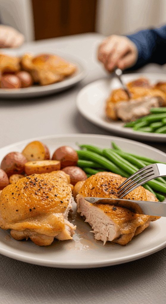 Plated crispy baked chicken thighs served with roasted potatoes and green beans on a dinner table, with one thigh being cut to show juiciness.