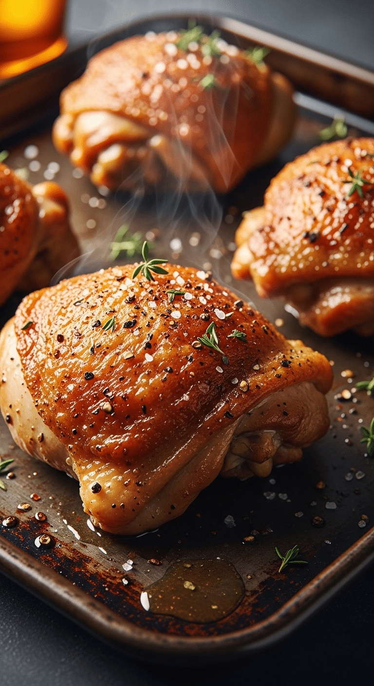 Close-up of crispy, golden-brown baked chicken thighs on a baking sheet, showing blistering crackled skin and herbs.