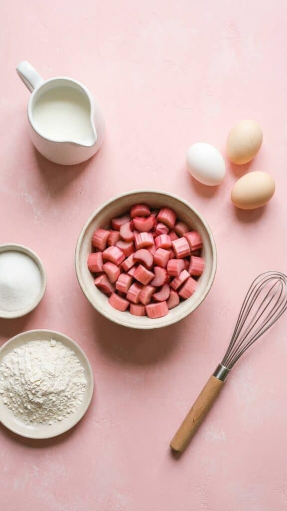 Ingredients for crustless rhubarb pie including chopped rhubarb, eggs, milk, and sugar.Ingredients for crustless rhubarb pie including chopped rhubarb, eggs, milk, and sugar.