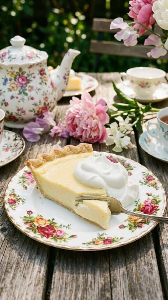 A wedge of rhubarb custard pie served on a floral plate with whipped cream.