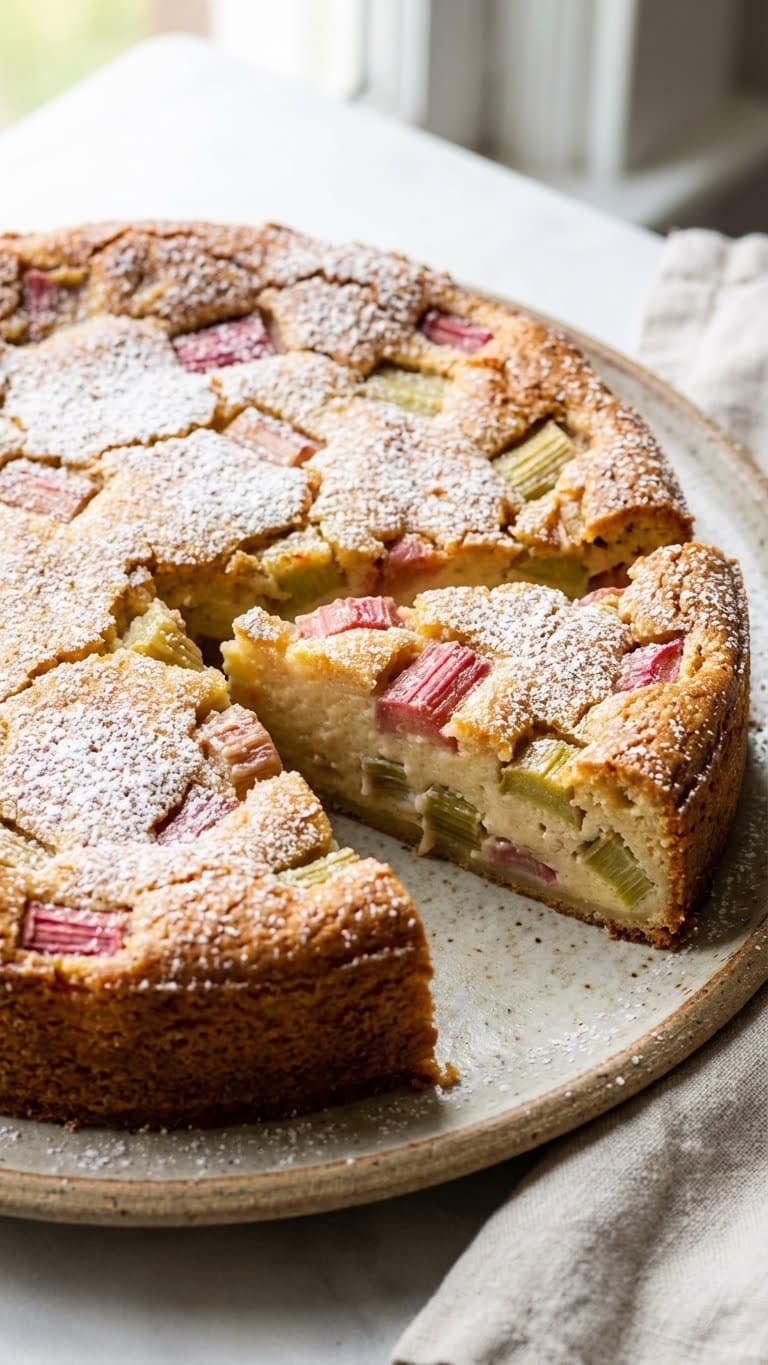A golden crustless rhubarb pie dusted with powdered sugar with a slice missing to show the custard.