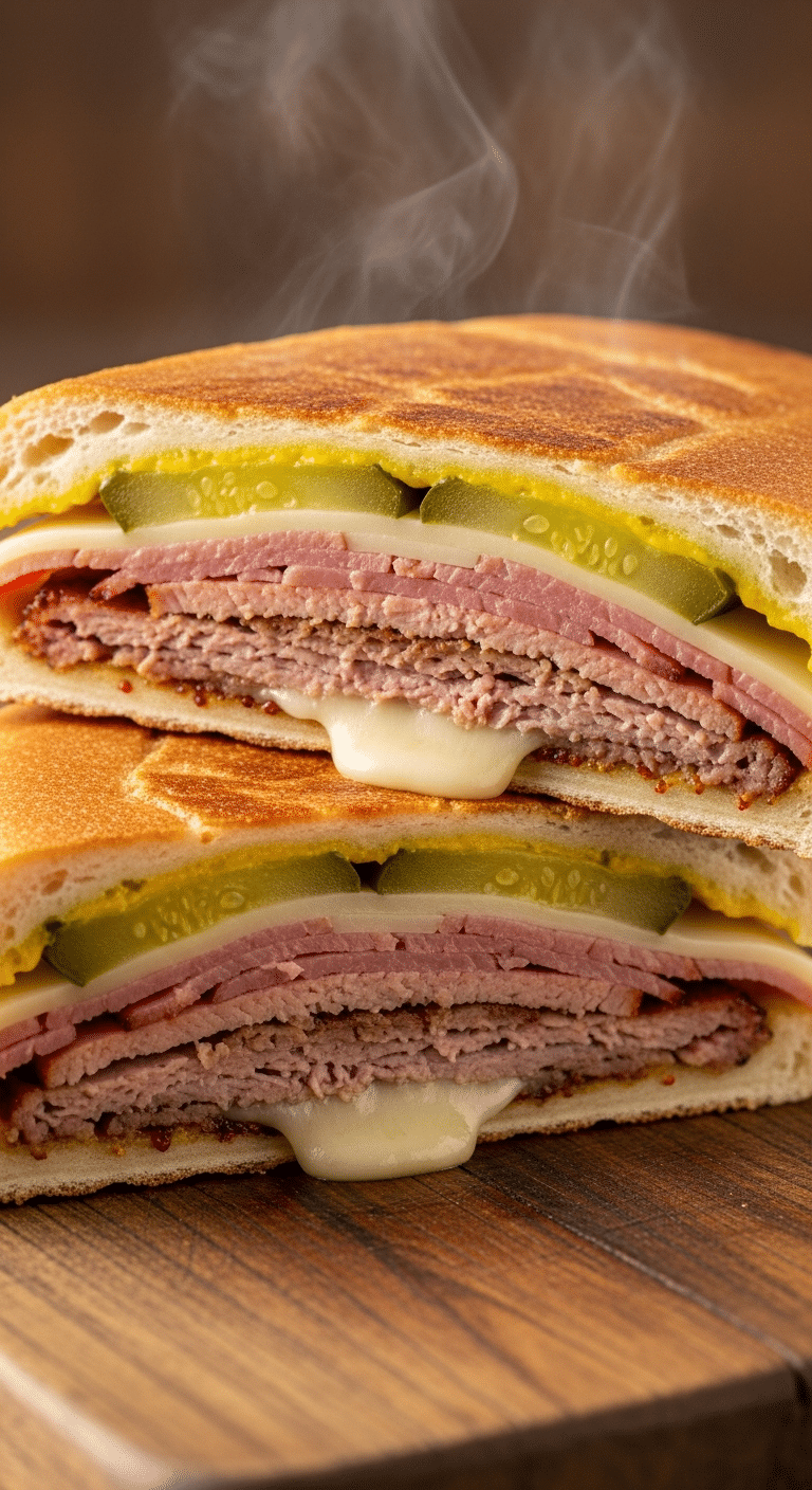 A close-up photograph of a pressed Cuban sandwich cut in half, showing layers of roast pork, ham, melted Swiss cheese, pickles, and mustard inside crispy bread.