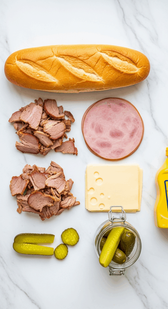 Overhead view of ingredients for a Cuban sandwich: Cuban bread loaf, sliced roast pork, ham, Swiss cheese, pickles, and mustard arranged on a marble counter.