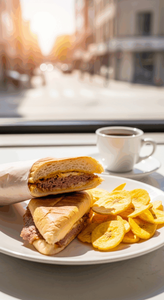 A pressed Cuban sandwich served with plantain chips on a plate, with a cup of Cuban coffee in the background at a sunlit cafe table.